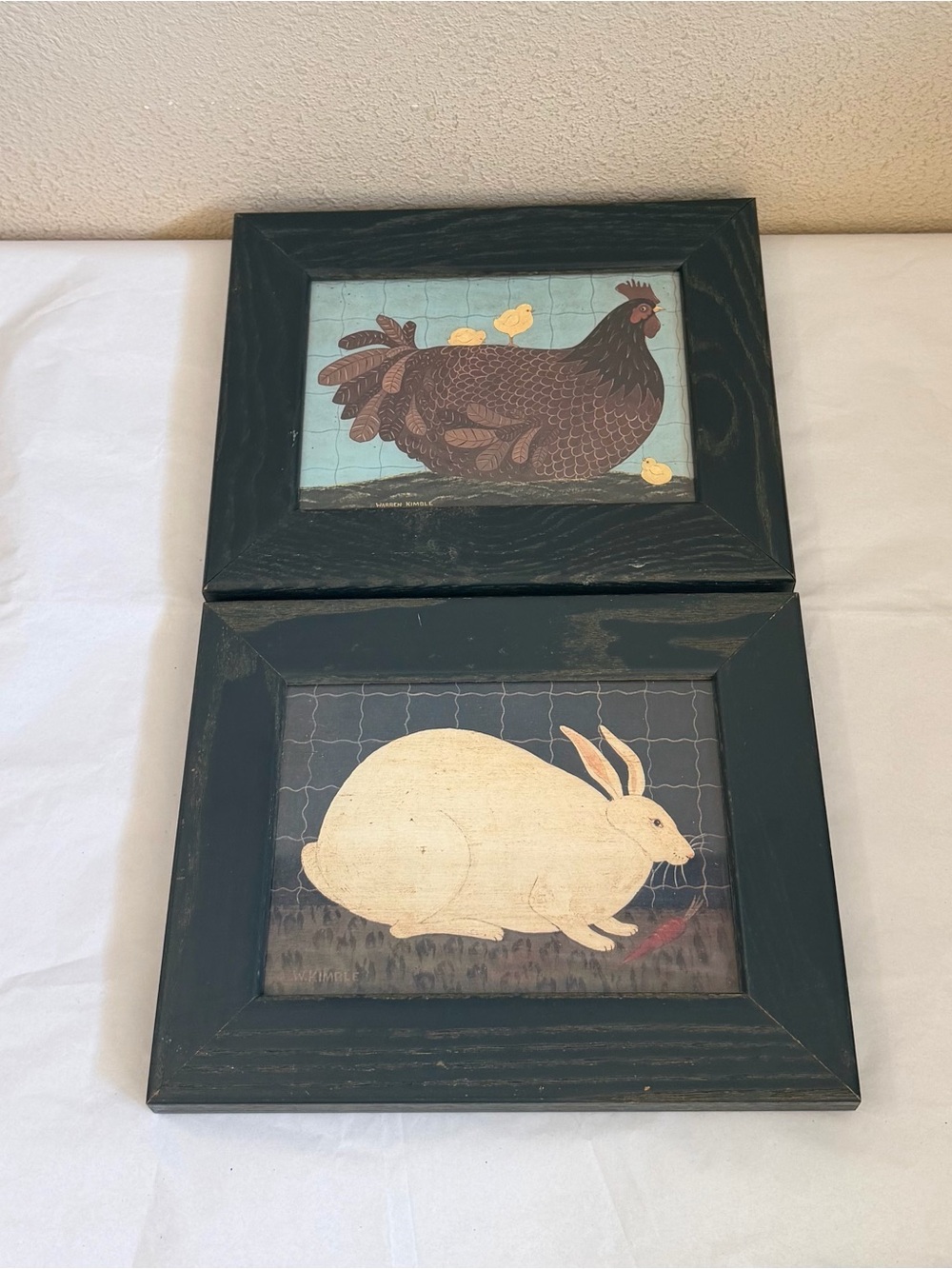 Vintage Warren Kimble Framed Folk Art Prints Chicken Rabbit Farmhouse Set